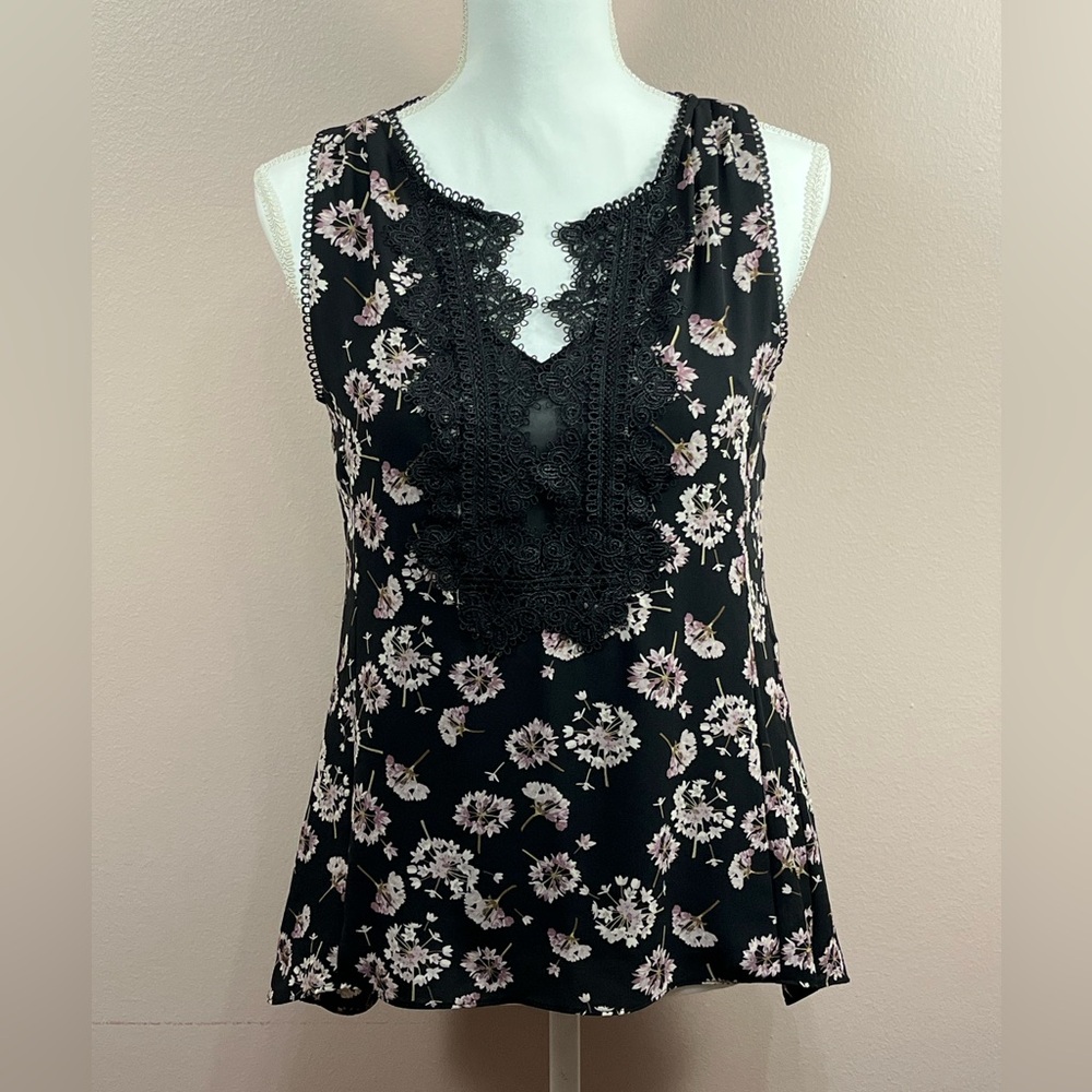 White House Black Market Black Floral Lace Detail Top